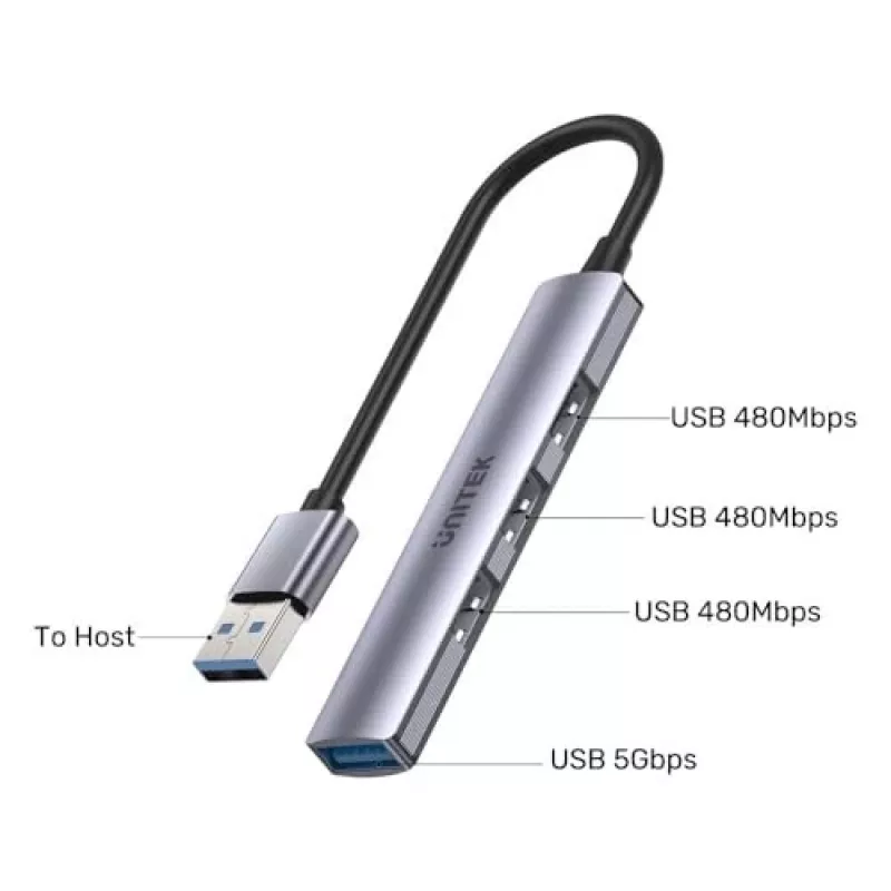 Unitek H1208A USB-A-Hub, 4 Ports (1x USB-A 5 Gbit/s, 3x USB-A 2.0), Aluminium, Silber
