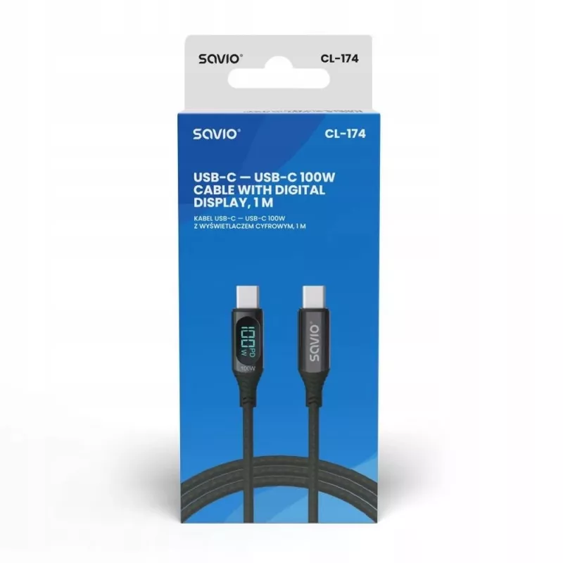 Savio CL-174 USB-C-auf-USB-C-Kabel, 100 W, Power Delivery/Quick Charge, digitale Anzeige, 1 m, grün