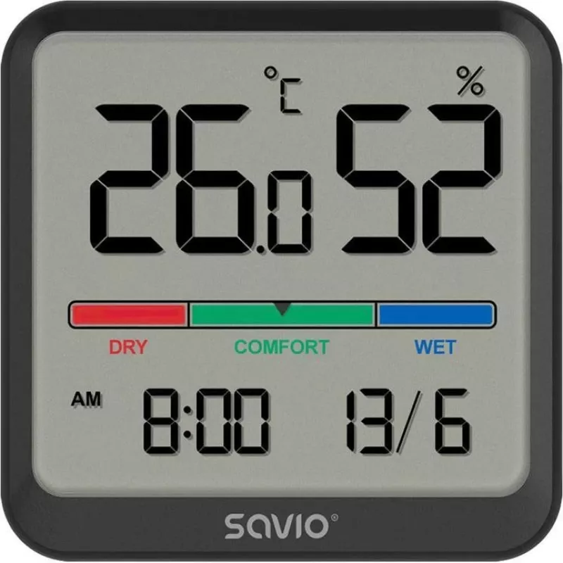 Savio CT-01/B kabelloser Temperatur- und Feuchtigkeitssensor für den Innenbereich, LCD, Uhr, Datum, Magnethalterung, schwarz