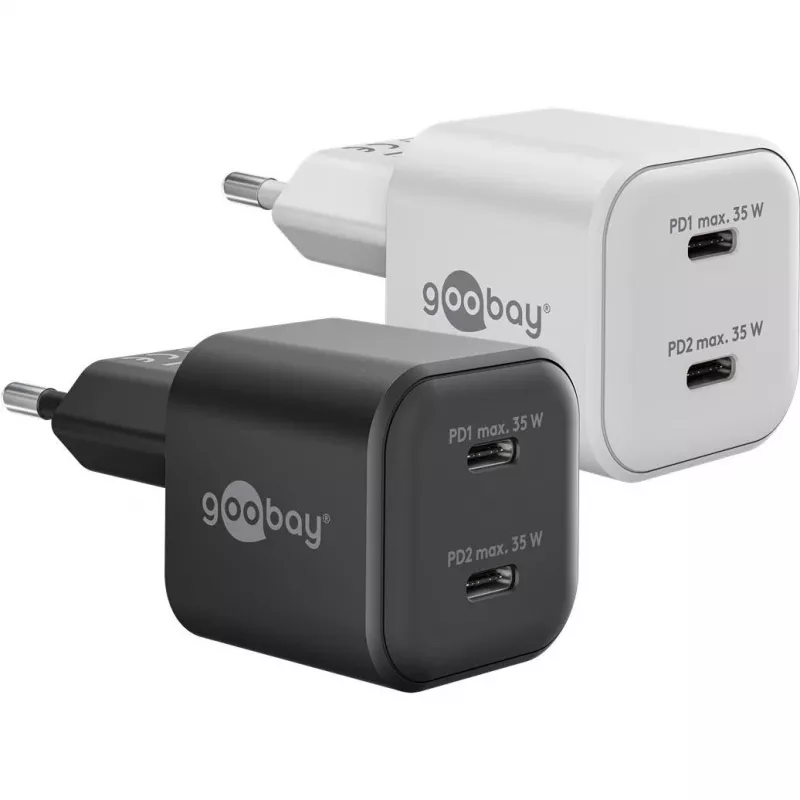 USB-C Dual-Fast Charger Nano, PD, GaN, 35 Watt (Weiß, 2x USB-C, Power Delivery 3.0)