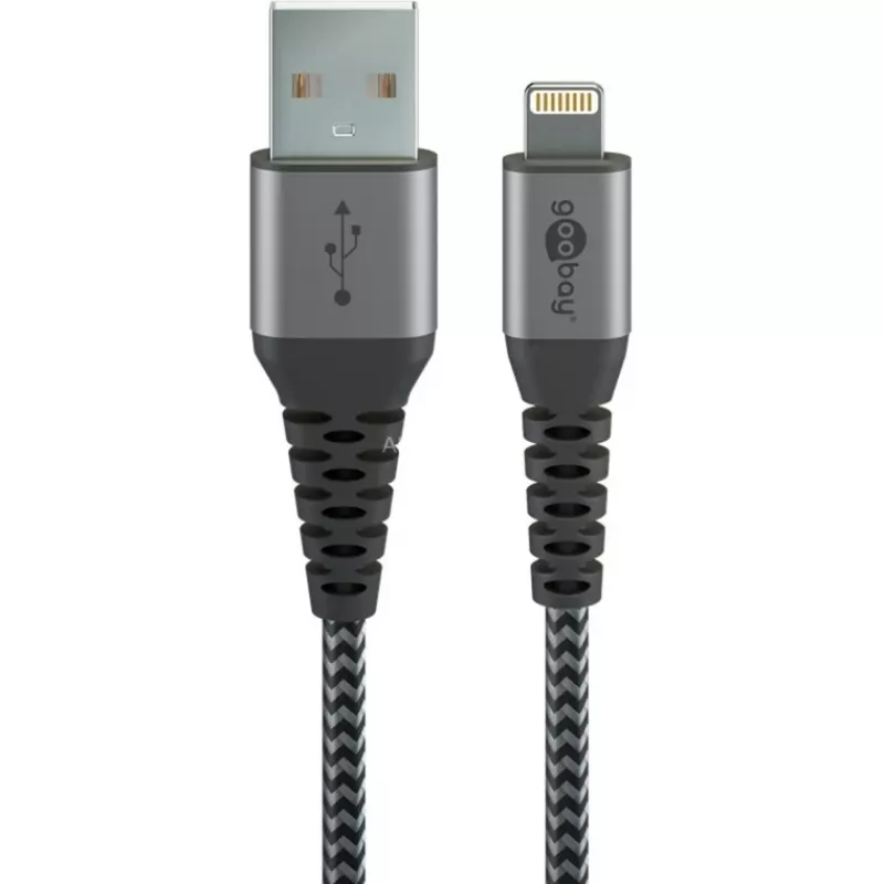 Goobay 49268 Lightning-auf-USB-A-Textilkabel mit Metallsteckern, MFi, 1 m, Space Grau/Silber