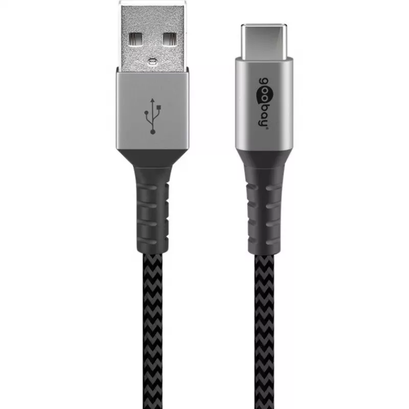 Goobay 49296 USB-C-auf-USB-A-Textilkabel mit Metallsteckern, 1 m, Space Grey/Silber