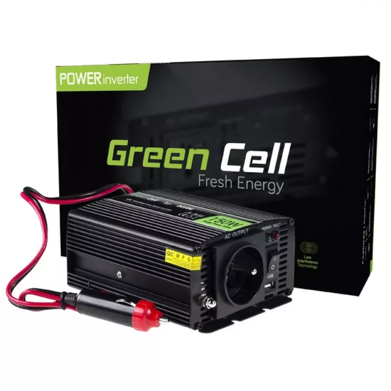 Wechselrichter-Adapter Green Cell INV06 12V auf 230V 150W 50Hz Typ C Stecker, 85% Effizienz, schwarz