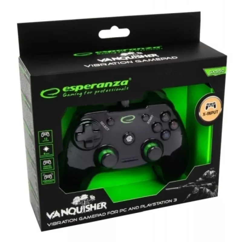 Esperanza EGG110K Vanquisher kabelgebundenes USB-Gamepad für PC/PS3, Vibration, 12 Tasten, 2 Analogsticks, schwarz/grün