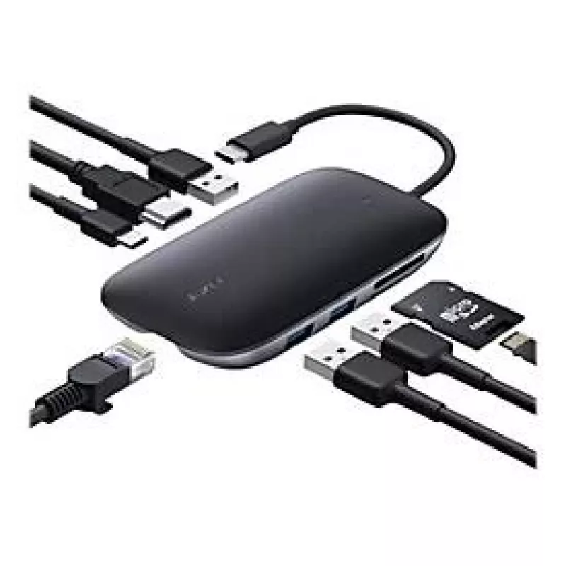AUKEY CB-C71 8-in-1-USB-C-Hub, 3x USB-A 3.0, HDMI 4K@30Hz, Gigabit-RJ45, SD/microSD, USB-C PD 100 W, 0,15 m Kabel, Aluminium, schwarz