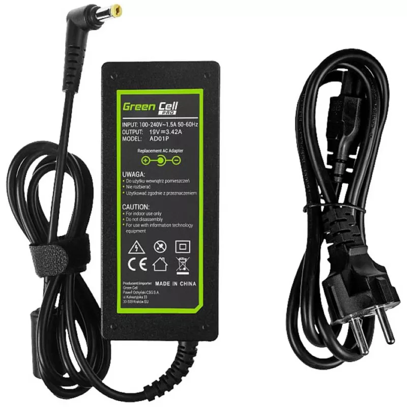 Netzteil Green Cell AD01P — 60 W, 19 V 3,42 A, Laptop-Netzteil für den Innenbereich, schwarz