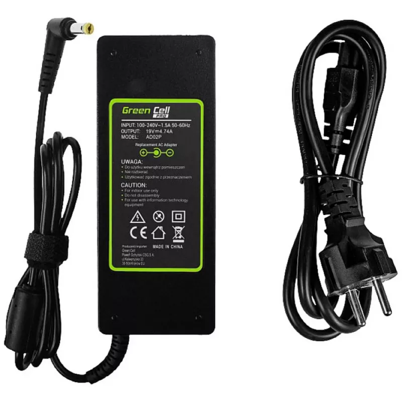 Laptop-Netzteil Green Cell AD02P 90W 19V 4,74A AC-zu-DC für Innenräume Schwarz