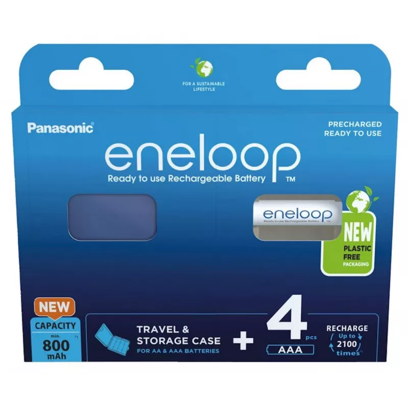 Wiederaufladbare Batterien PANASONIC ENELOOP AAA 800 mAh 4 Stück + Etui (BK-4MCDE/4CP+CASE)