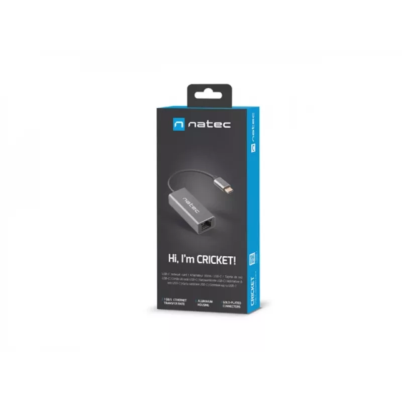 Natec Cricket NNC-1925 USB-C 3.1 Gen 1 auf RJ45 Ethernet-Adapter, 1000 Mbit/s, 15 cm Kabel, Aluminium, grau