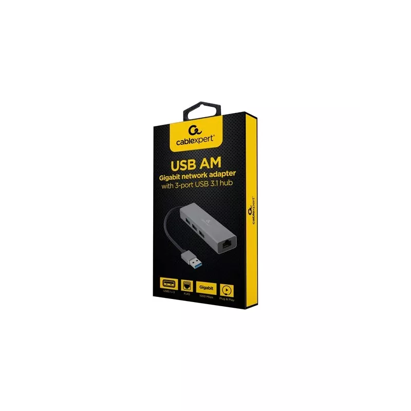 Gembird A-AMU3-LAN-01 USB-A-auf-Gigabit-LAN-Adapter mit 3-Port-USB-3.0-Hub, Schwarz