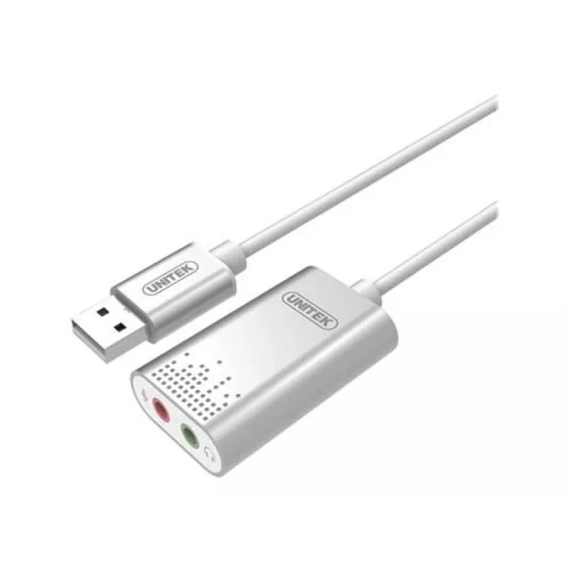 Unitek Y-247A USB-Stereo-Soundkarte, USB 2.0 Typ A auf 2x 3,5-mm-Miniklinke, Aluminium, 47 x 28 mm, Silber