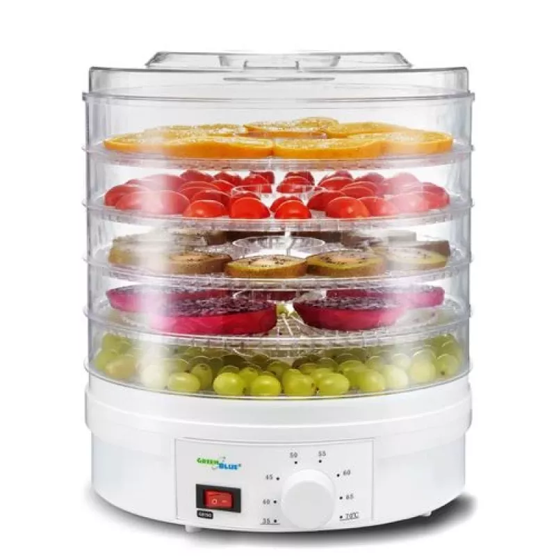 GreenBlue GB190 Dörrgerät für Pilze, Gemüse und Obst, 5 Etagen, 250 W, einstellbare Temperatur 35–70 °C, Weiß