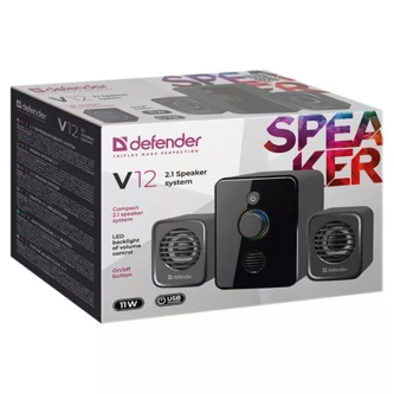 Defender V12 65212 2.1 Computer-Lautsprecher, 11 W, 5-W-Subwoofer, USB-Stromversorgung, LED-Beleuchtung, schwarz, 115 x 130 x 223 mm