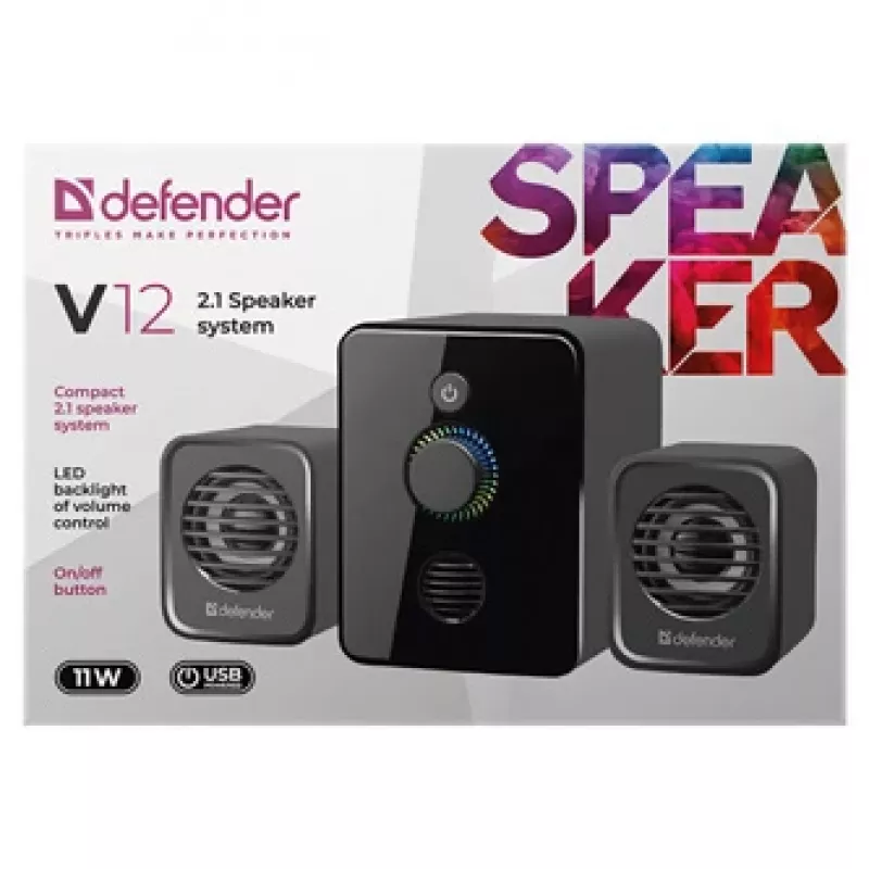 Defender V12 65212 2.1 Computer-Lautsprecher, 11 W, 5-W-Subwoofer, USB-Stromversorgung, LED-Beleuchtung, schwarz, 115 x 130 x 223 mm