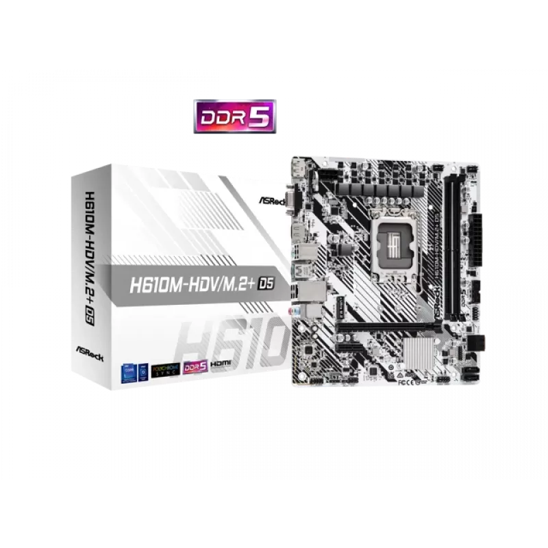 ASRock H610M-HDV/M.2+ D5 Mainboard, Intel H610, LGA 1700, Micro-ATX, 2x DDR5 DIMM (max. 96 GB), PCIe 4.0 x16, 1x M.2, 4x SATA III, HDMI, DisplayPort, VGA, USB-C 3.2 Gen 1, Gigabit-LAN