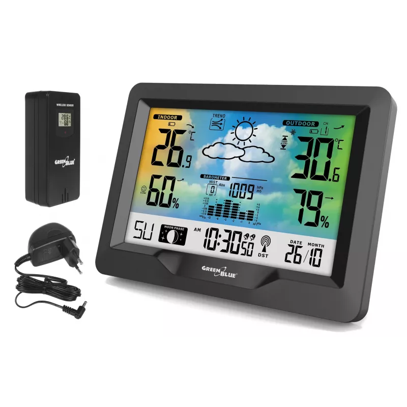 Hygrometer Thermometer GreenBlue GB540 — indoor 0–50°C / outdoor -20–65°C, DCF-Uhr, Außensensor 60 m, schwarz