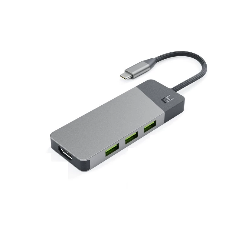 USB‑Typ‑C‑Hub Green Cell HUBGC01 — 7 Anschlüsse: 3×USB‑A 3.2 Gen 1, 1×USB‑C 3.2 Gen 1, HDMI, microSD+SD-Kartenleser — Silber