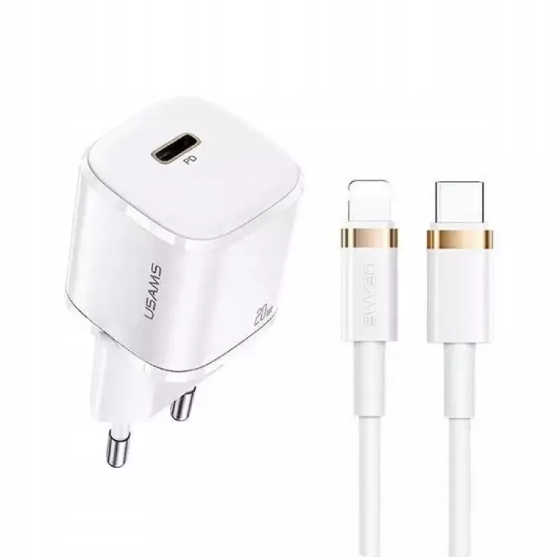 USAMS T36 Mini USB-C Netzladegerät, 20 W, PD 3.0, mit 1 m USB-C-auf-Lightning-Kabel
