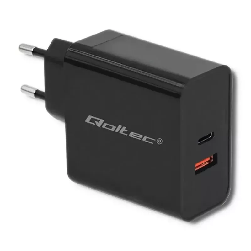 Qoltec 51716 Wandladegerät 63 W, USB-C PD + USB QC 3.0, 5-20 V 1,5-3 A, Schwarz