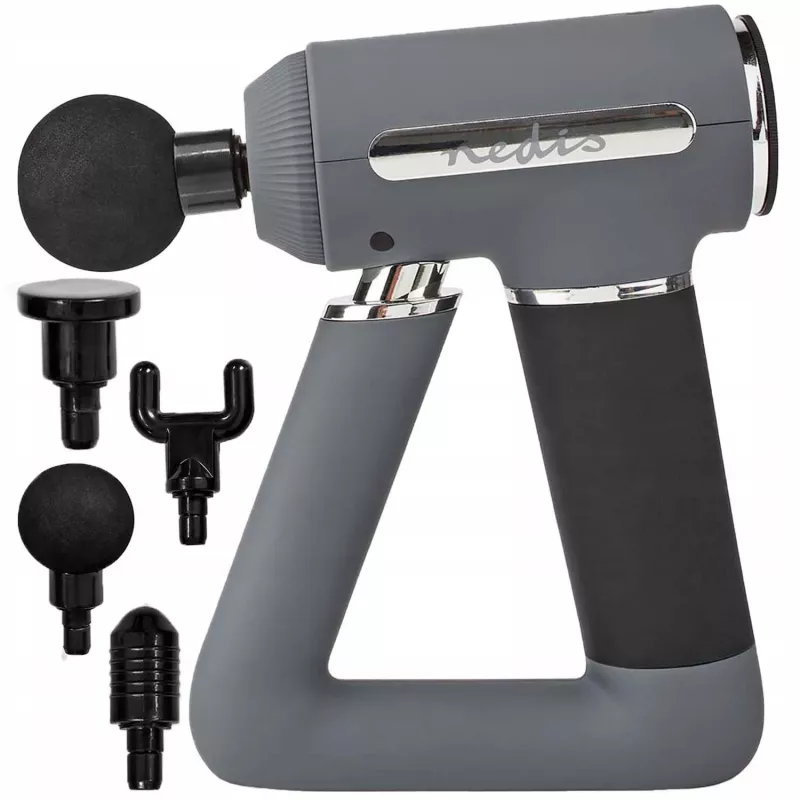 Nedis Sports Massage Gun, 6-Speed with 4 Attachments, Brushless Motor for Muscle Recovery & Relaxation, Triangular Handle, Rechargeable - Grau