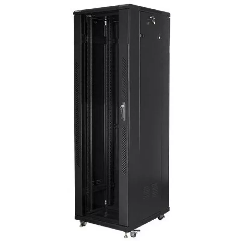 Lanberg FF01-6842-12BL 19-Zoll-Serverschrank freistehend 42U, 600x800 mm, Glastür, LCD, IP20, zerlegt geliefert, Schwarz