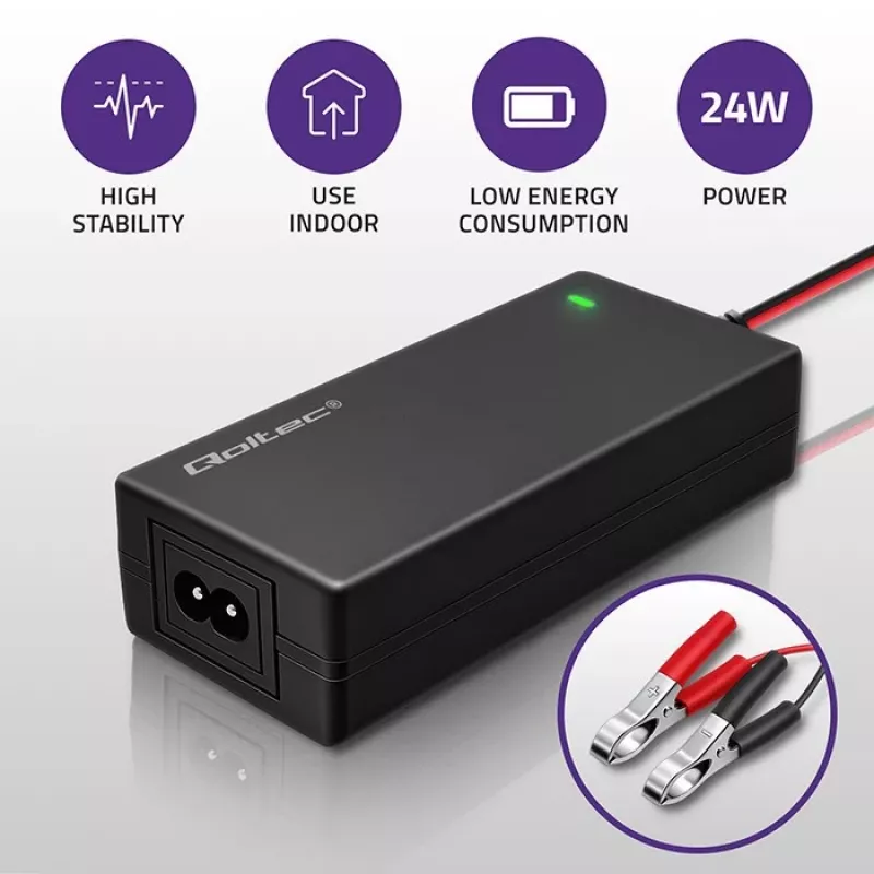 Qoltec Automatic Battery Charger for AGM GEL STD | Rectifier 12V | 2A | 24W | LED | Cable 1,8m