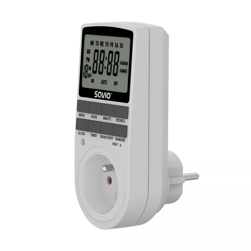 SAVIO AE-03 Digitale Zeitschaltuhr mit LCD-Anzeige, 10 Programme, 16A, Schuko-Stecker, Weiß
