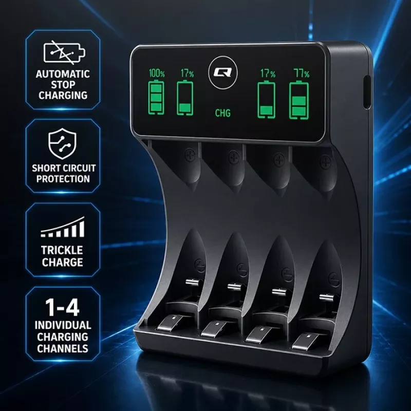Qoltec 50968 NiMH-Akkuladegerät für AA/AAA mit LCD und USB-C-Kabel, Schwarz