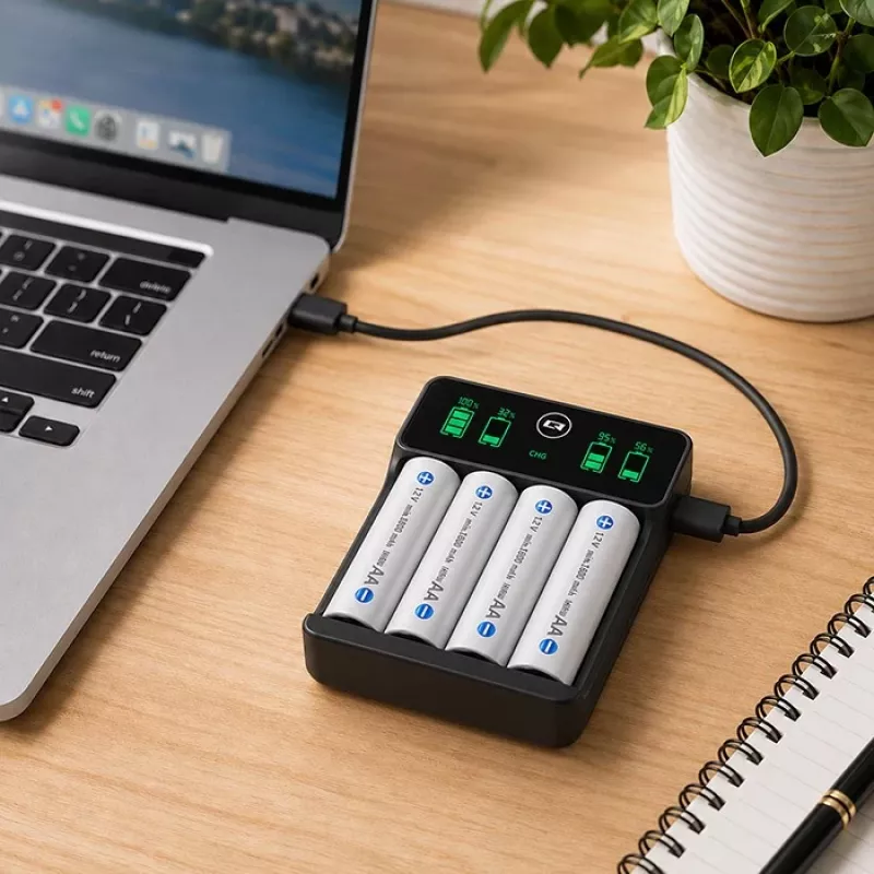 Qoltec 50968 NiMH-Akkuladegerät für AA/AAA mit LCD und USB-C-Kabel, Schwarz