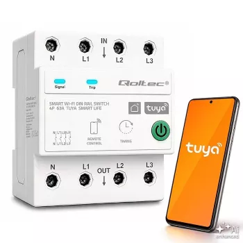 Qoltec 50976 Dreiphasiges smartes Wi-Fi-Relais 63A, DIN-Schiene, 3P+N, Timer, Tuya