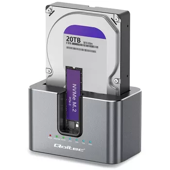 Qoltec 2in1 HDD SSD Docking Station SATA M.2 NVMe mit Klonfunktion, USB-C 3.2 Gen 2, 10Gbps, bis zu 28TB, Aluminium