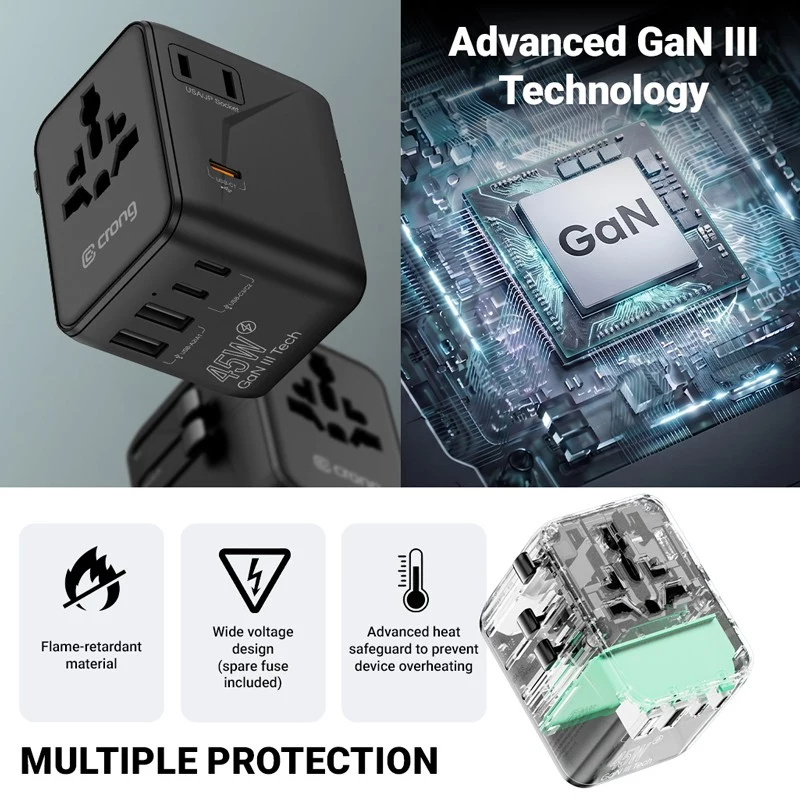 Crong One World Travel Adapter GaN 45W UK/EU/US/AU Weiß