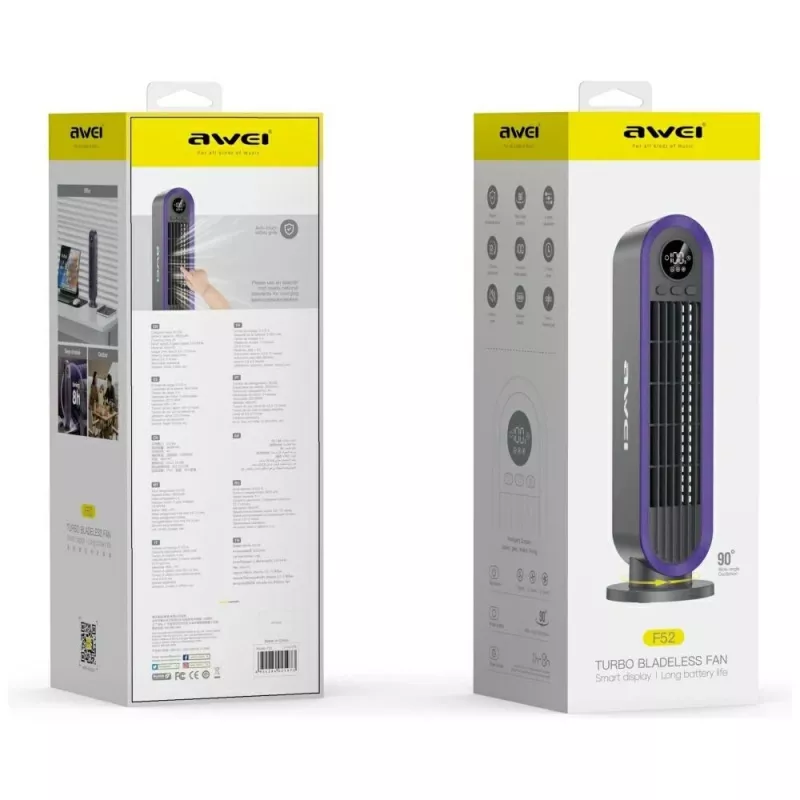 AWEI F52 Tragbarer Turmventilator 3600mAh USB-C wiederaufladbar Grau