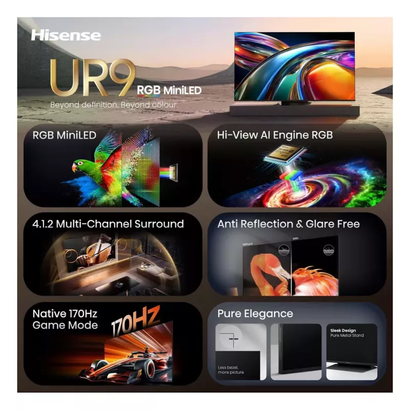 Hisense 65UR9DS 65-Zoll 4K UHD RGB MiniLED Smart-TV, 3840x2160, 170 Hz, 6 ms, HDR, HDMI, USB-C, LAN, WiFi, Bluetooth, Schwarz/Grau
