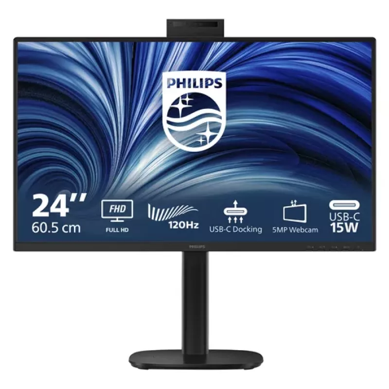 Philips 24B2U3301H 23,8-Zoll-IPS-Full-HD-Monitor, 1920x1080, 120 Hz, 4 ms, USB-C 90 W PD, USB-Hub, RJ45, 5-MP-Webcam, Lautsprecher, höhenverstellbar, Schwarz