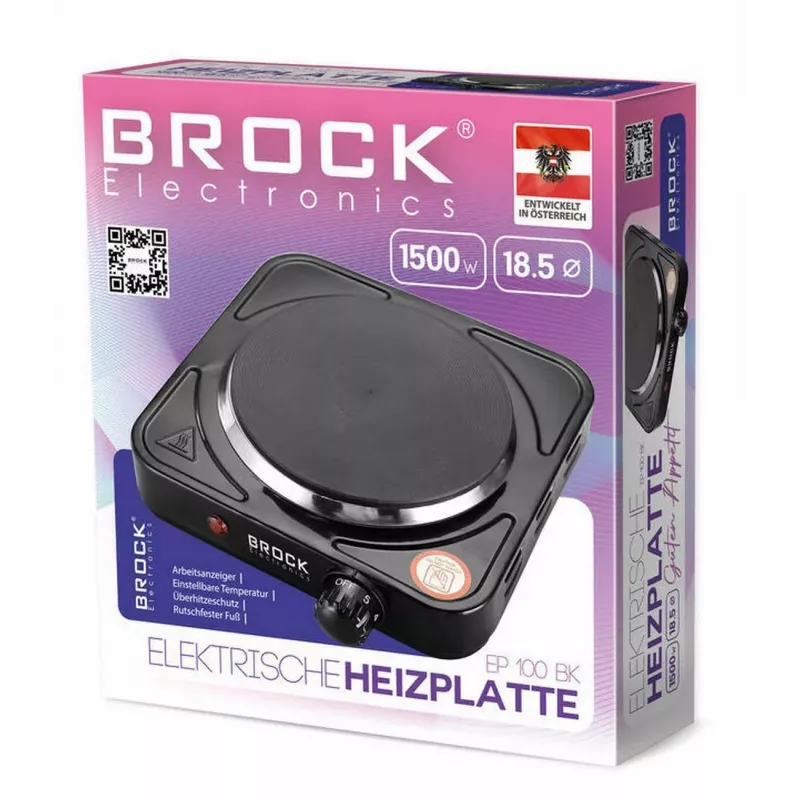 Brock EP 100 BK Einzel-Elektrokochplatte, 1500 W, Schwarz