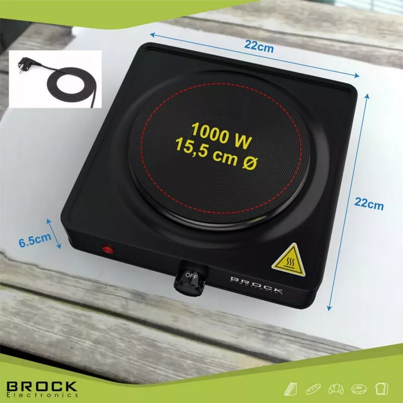 Brock EP 100 BK Einzel-Elektrokochplatte, 1500 W, Schwarz