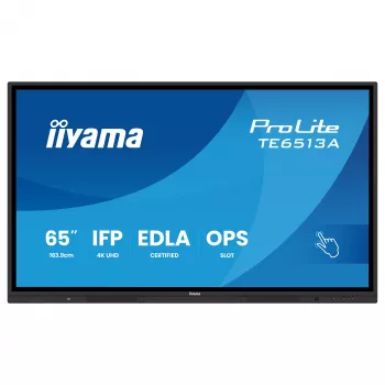 IIYAMA ProLite TE6513A-B3AG 65-Zoll 4K UHD IPS LED Interaktives Touch-Display mit IR-Touch, 20-Punkt-Touch, Android 11, 400 cd/m², 8 ms, HDMI, DisplayPort, USB-C, VGA, LAN, Wi-Fi, Bluetooth, VESA 600x400, Schwarz