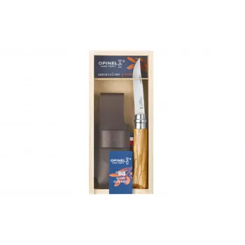 OPINEL No. 08 Olivenholz Klappmesser mit Lederscheide im Geschenkkarton