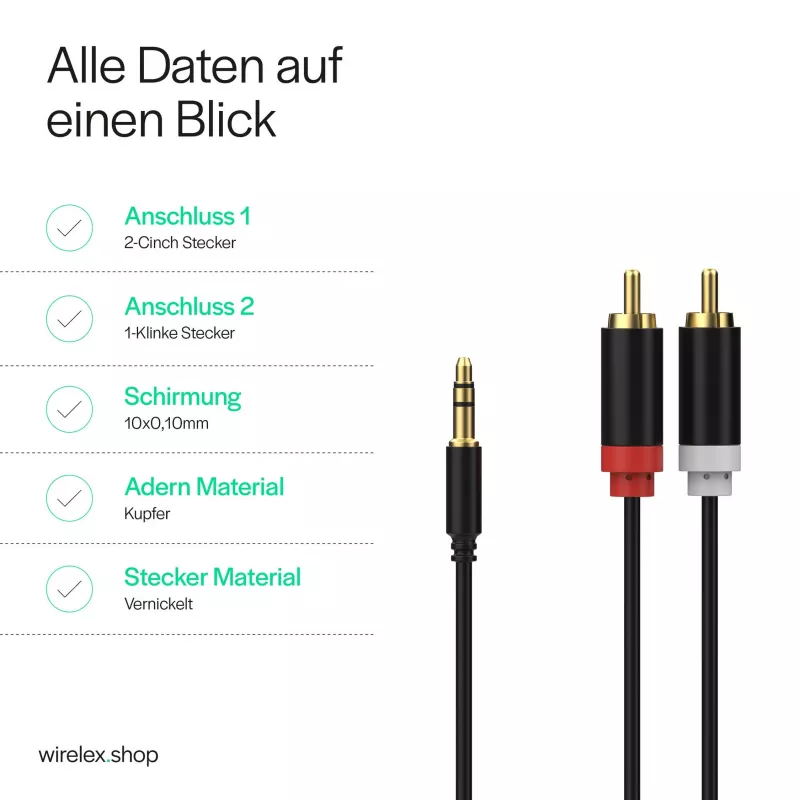 ShiverPeaks Audio 3,5mm Klinke auf 2x RCA Stereo Audiokabel 1,5m vergoldet Schwarz