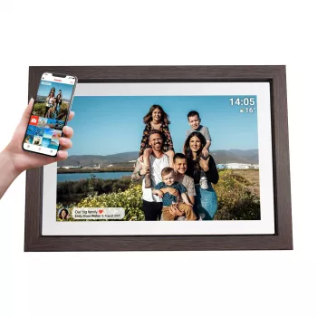 Denver PFF-1040DW DARK WOOD Digitaler Bilderrahmen 10,1 Zoll IPS-Touchscreen Holzrahmen FRAMEO