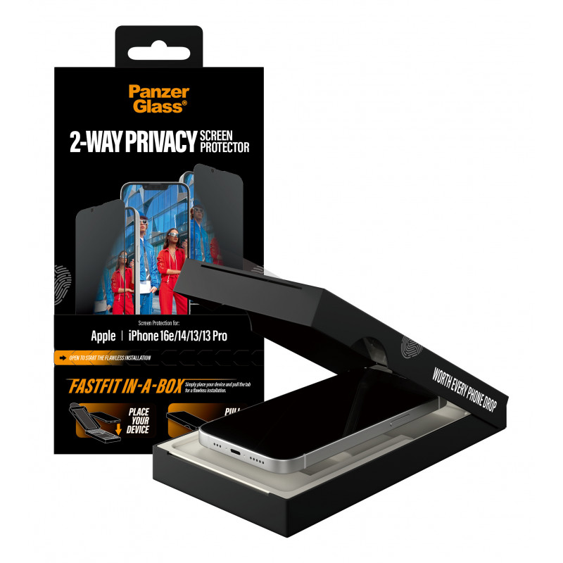 PanzerGlass 2-Way Privacy Screen Protector für iPhone 17e/16e/14/13/13 Pro, Ultra-Wide Fit mit FastFit In-A-Box (PG02105)