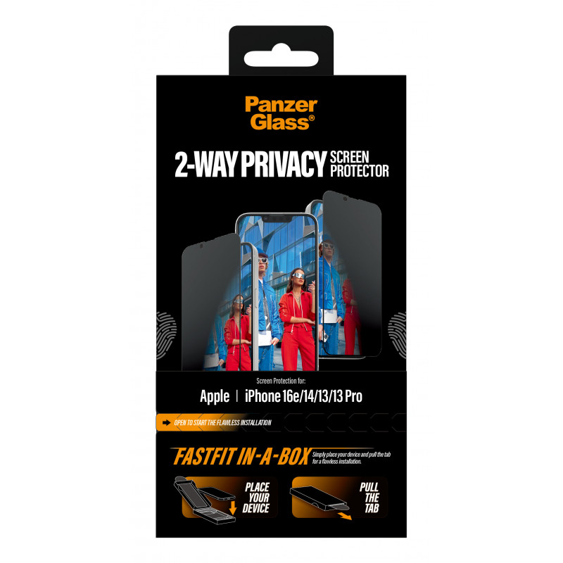 PanzerGlass 2-Way Privacy Screen Protector für iPhone 17e/16e/14/13/13 Pro, Ultra-Wide Fit mit FastFit In-A-Box (PG02105)