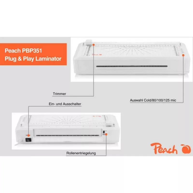Peach 511189 3in1 PBP351 Laminiergerät A4 Heiß- und Kaltlaminator mit Papierschneider und Eckenrunder
