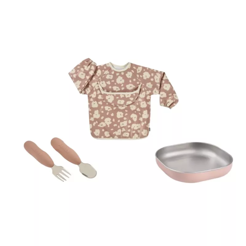 Beaba First Meals 3-in-1 Geschenkset (Teller, Besteckset, Lätzchen) Savannah Bloom