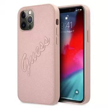 Guess GUHCP12LRSAVSRG Saffiano Vintage Script Hard Case für Apple iPhone 12 Pro Max, Pink