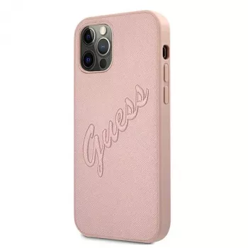 Guess GUHCP12LRSAVSRG Saffiano Vintage Script Hard Case für Apple iPhone 12 Pro Max, Pink