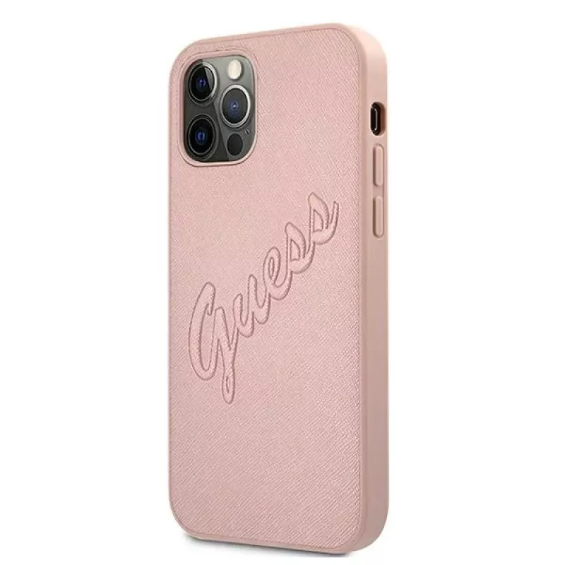 Guess GUHCP12LRSAVSRG Saffiano Vintage Script Hard Case für Apple iPhone 12 Pro Max, Pink