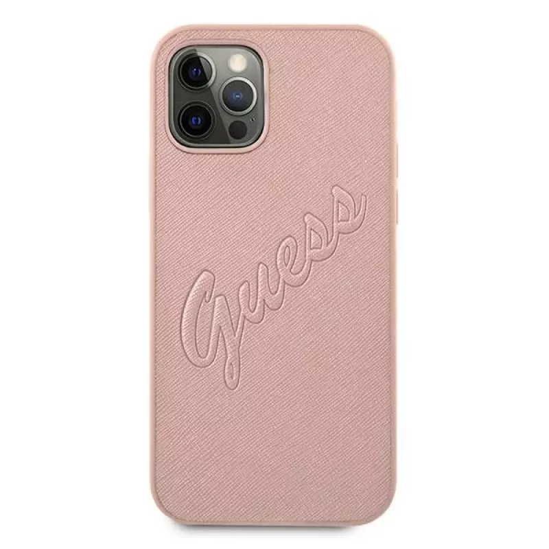 Guess GUHCP12LRSAVSRG Saffiano Vintage Script Hard Case für Apple iPhone 12 Pro Max, Pink
