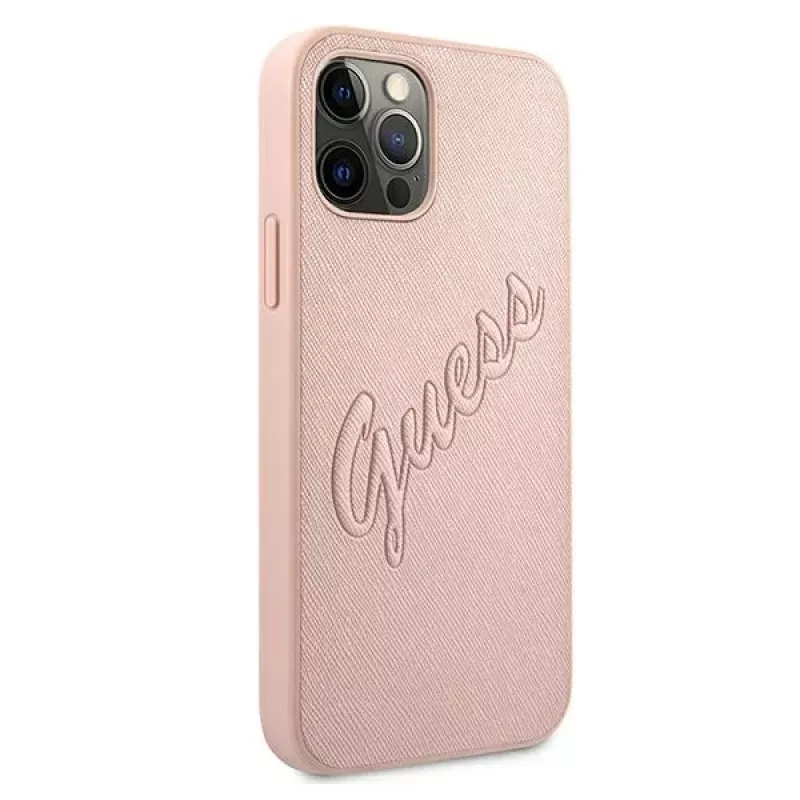 Guess GUHCP12LRSAVSRG Saffiano Vintage Script Hard Case für Apple iPhone 12 Pro Max, Pink